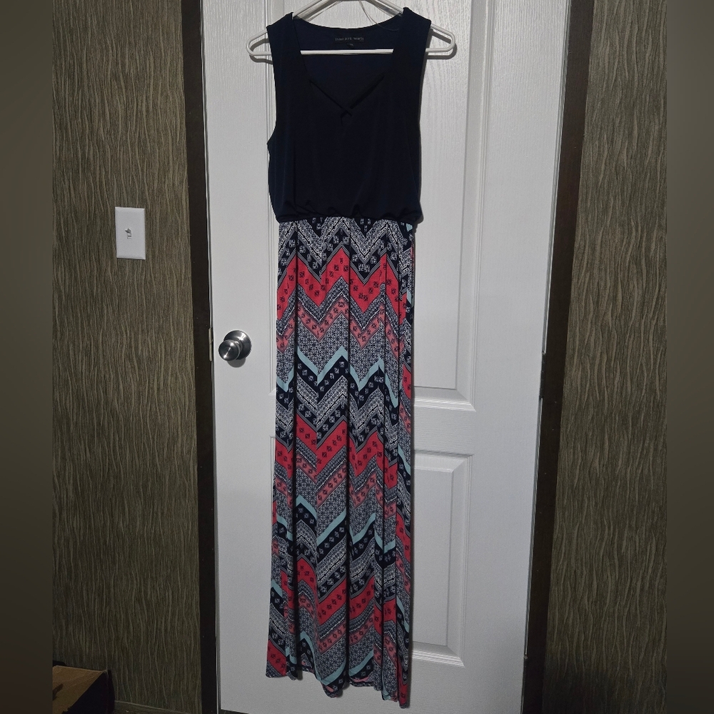 Three Hearts Blue and Multicolor Chevron Maxi Dress